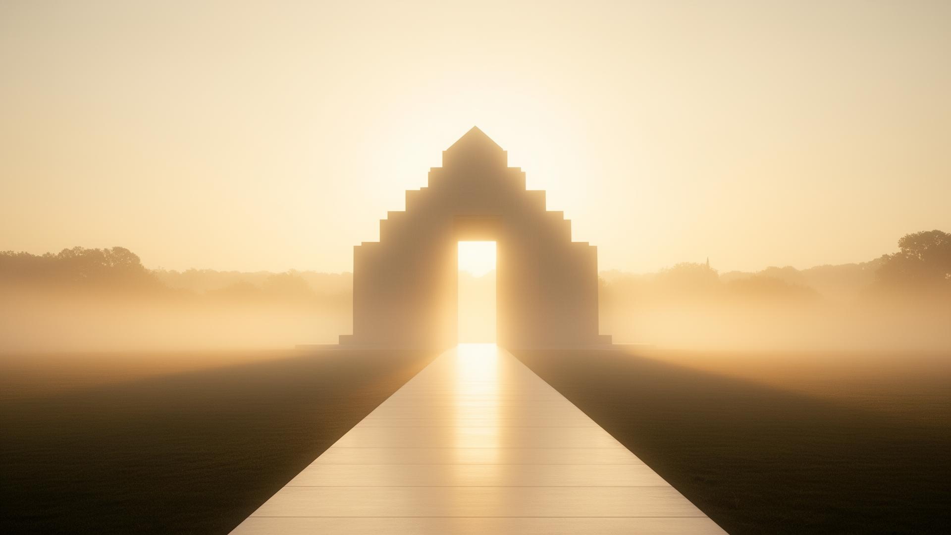 A glowing structure veiled in golden mist — a vision being unveiled