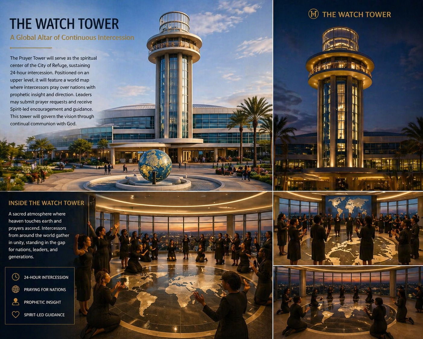 The Watch Tower — exterior structure and interior intercession floor with engraved world map